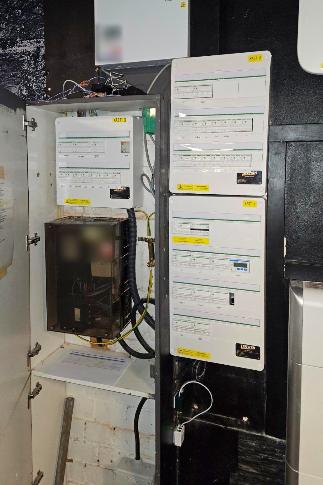 Dezelfde technische wand met drie nieuwe witte verdeelkasten met gele labels Kast 1, Kast 2 en Kast 3 rond de meterkast