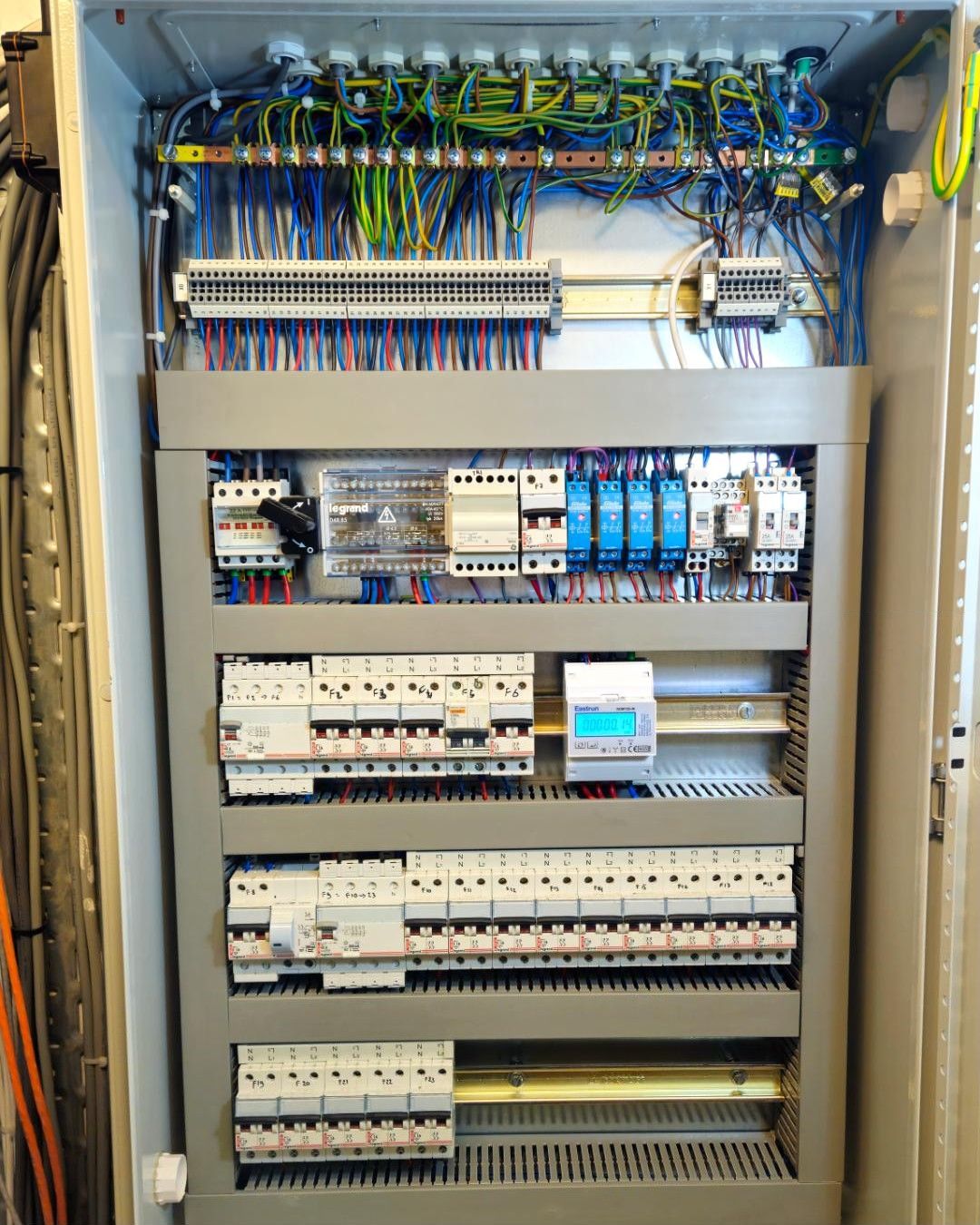 Geopend verdeelbord met automaten, relais en een energiemeter met verlicht display