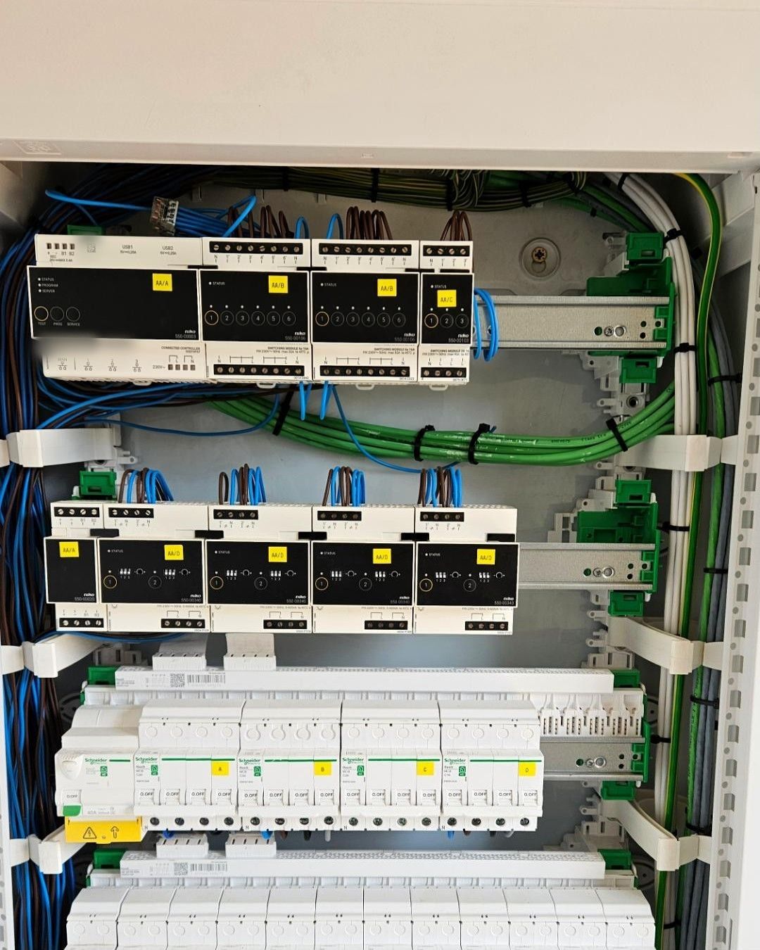 Geopend verdeelbord met Niko Home Control-modules bovenaan en daaronder rijen automaten